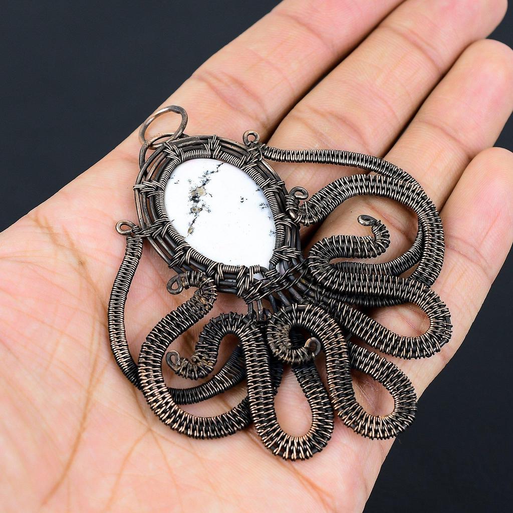 Dendrite Opal 999 Copper Wire Wrapped Pendant, Handmade Gemstone Jewelry Pendant Gift For Birthday