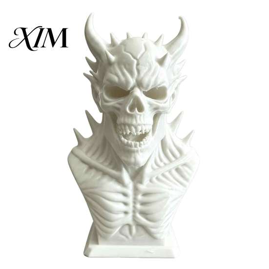 Spooky Theme Room Decoration 3D Printed Demon Skull Bust Statue, Gothic Horned Skeleton Personalized Gift for Him Figurine, Mini Desktop Ornament