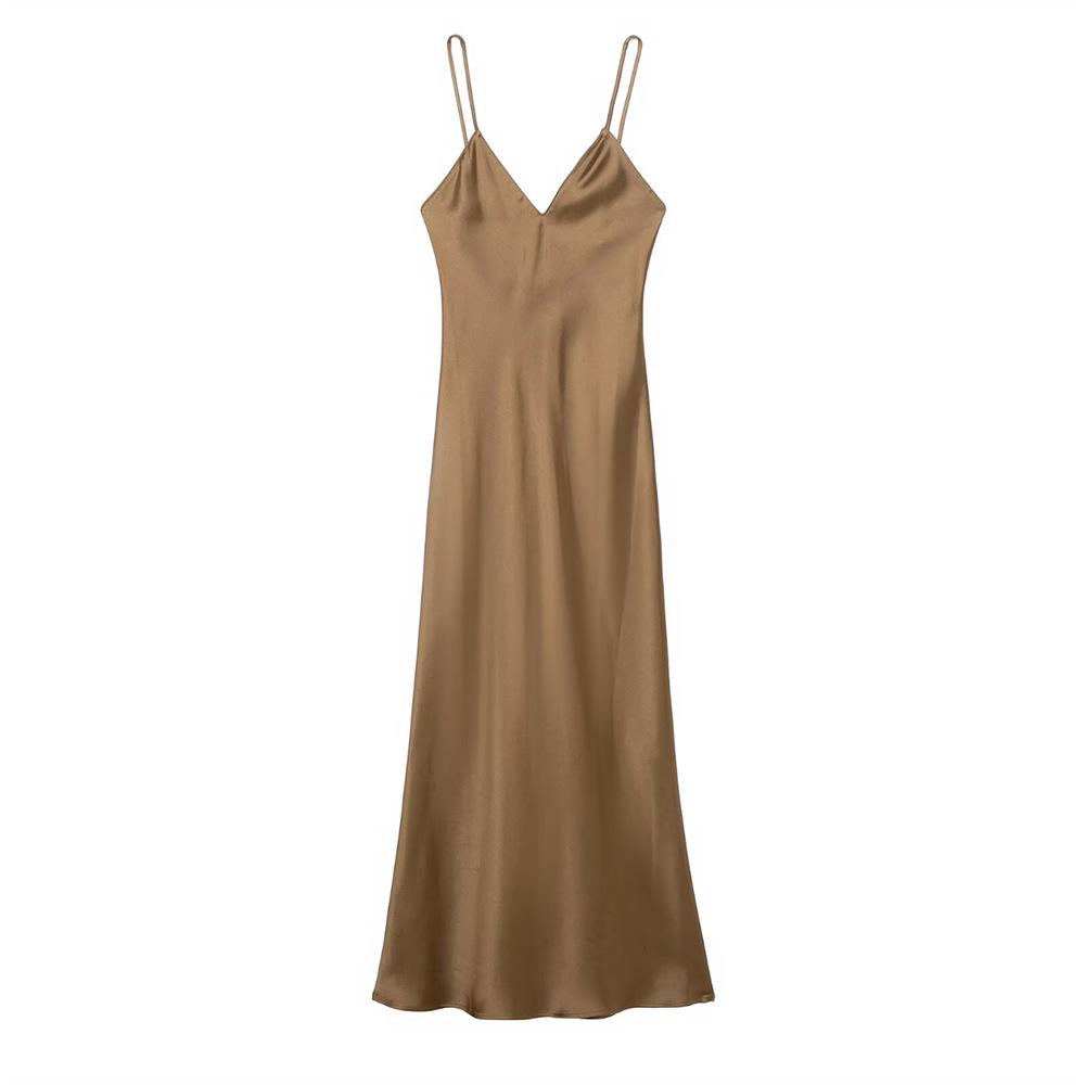 

2025 Spring Women s Slim Silk Satin V-Neck Backless Dress Small