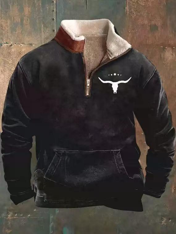 2025 Retro 3D Print Stand Collar Velvet Men's Hoodie for Autumn/Winter