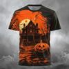 European and American Halloween Horror Pumpkin Head Ghost Castle Bat Print Short Sleeved Retro Vintage Vintage Fashion Top