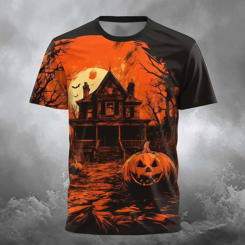 European and American Halloween Horror Pumpkin Head Ghost Castle Bat Print Short Sleeved Retro Vintage Vintage Fashion Top