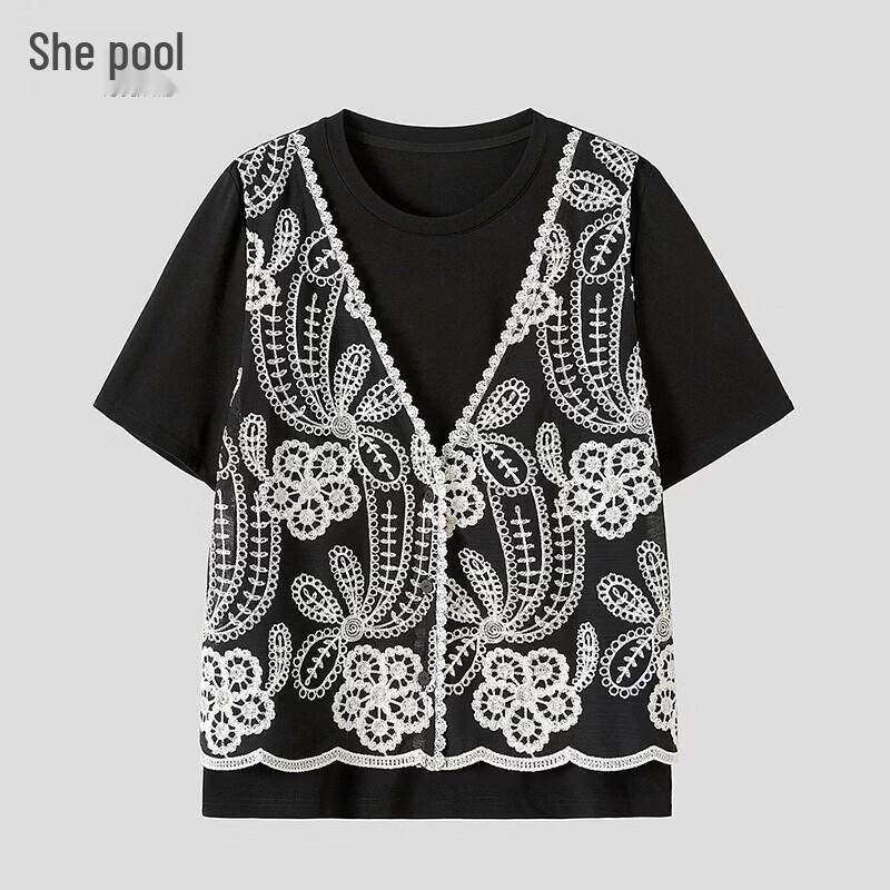 Women s Faux Two-Piece Crochet Lace Short Sleeve T-Shirt S
