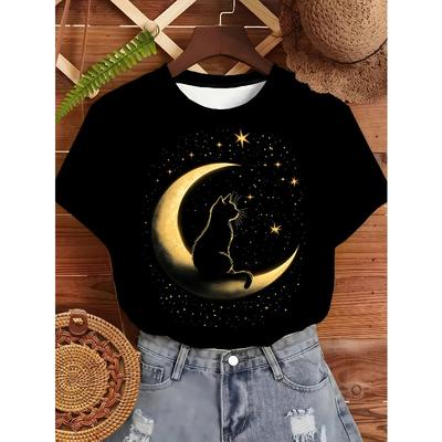Damen Mondlicht Nacht Schwarze Katze Druck T-Shirt Halbmond Stern Lässig Straße Auffällig Kurzarm Top