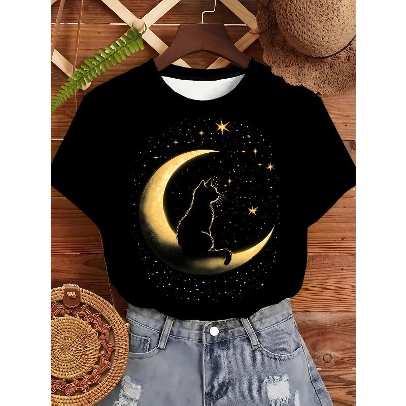 Women Moonlit Night Black Cat Print T-Shirt Crescent Moon Star Casual Street Eye-catching Short Sleeve Top
