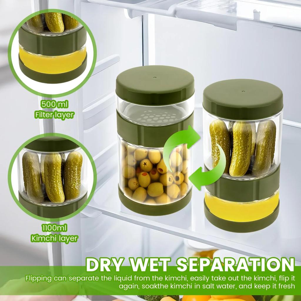 Glass Kimchi Cucumber Jar Wide Mouth Design Dry Wet Separation Pickle Container with Silicone Rings Leakproof Kitchen Utensils
