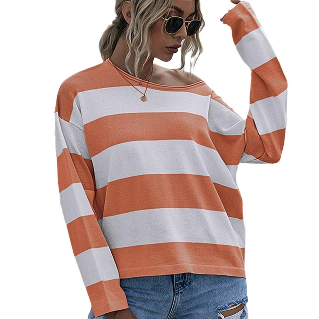 Autumn and winter new women's clothing casual loose knitted sweater striped color matching crew neck sweater