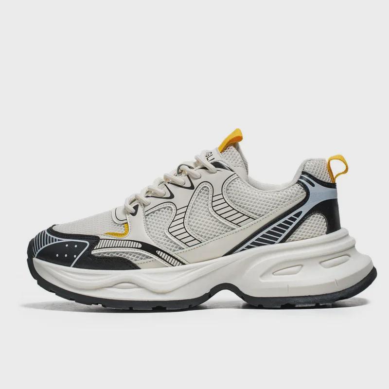 Men's Summer Mesh Breathable Sneakers, Thick Sole, Height-Enhancing, Retro White Casual Running Shoes.