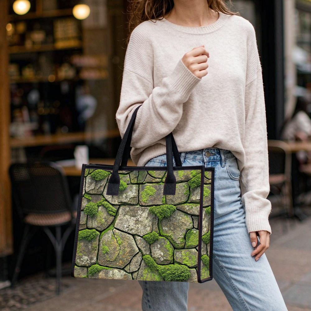 Moss Stone Print Tote Bag for Daily Outdoor Shopping Commute Use