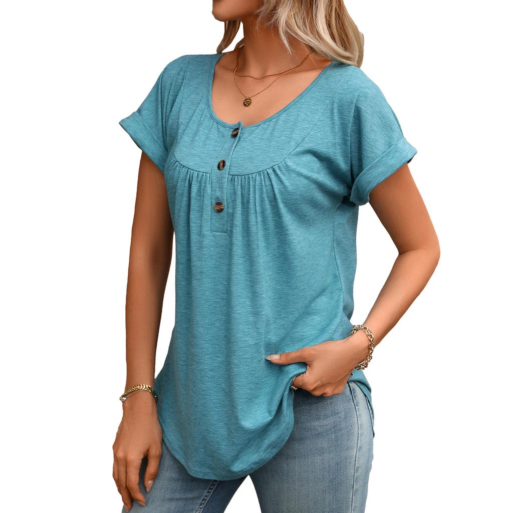 European Style Summer Solid Color Round Neck Button Loose Fit Short Sleeve T-Shirt Women