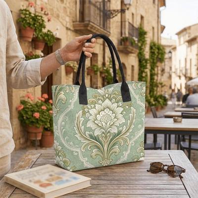  Elegant Floral Print Tote Bag Large Capacity Casual Portable Daily Shoulder Bag for Women