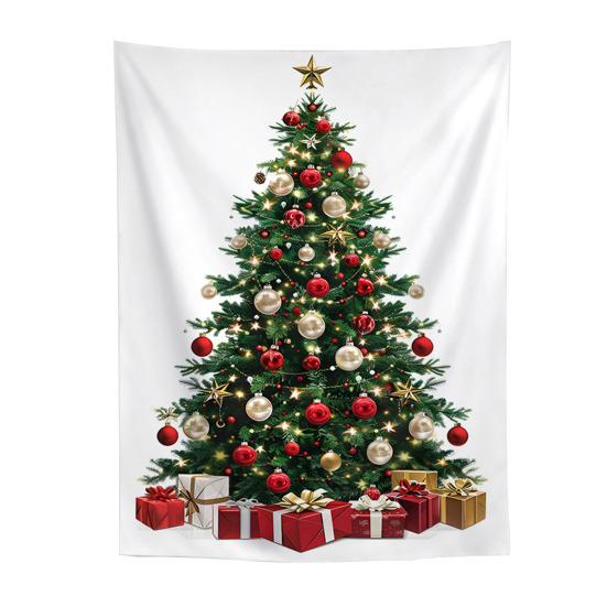 Festive Window Hanging Merry Christmas Tapestry, Wall Fabric Backdrop, Xmas Tree Winter Holiday Party Scene Decoration Art for Living Room,