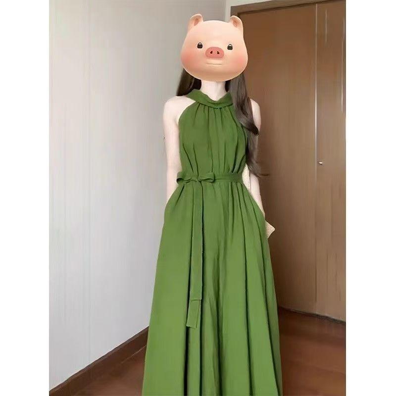 women halter neck maxi dress sleeveless casual loose fit solid color flowy long sundress S зелёный