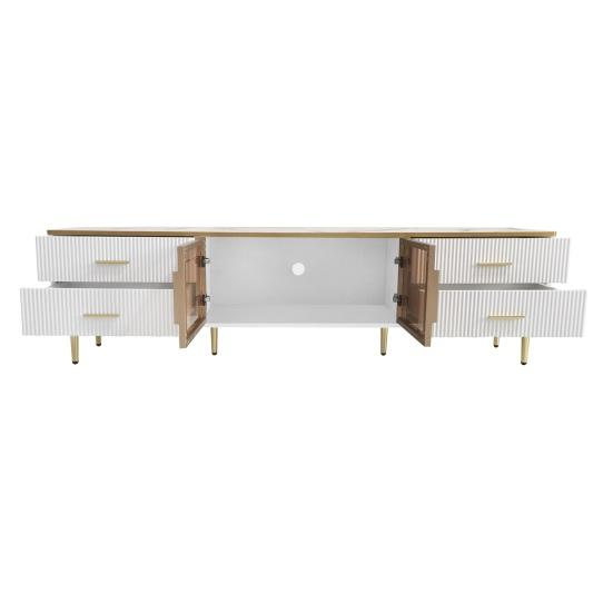 TV Cabinet with LED Light 4 Drawers Spacious Countertop High-Gloss Television Stand Painting Mid Century Modern Living Room Furniture Console