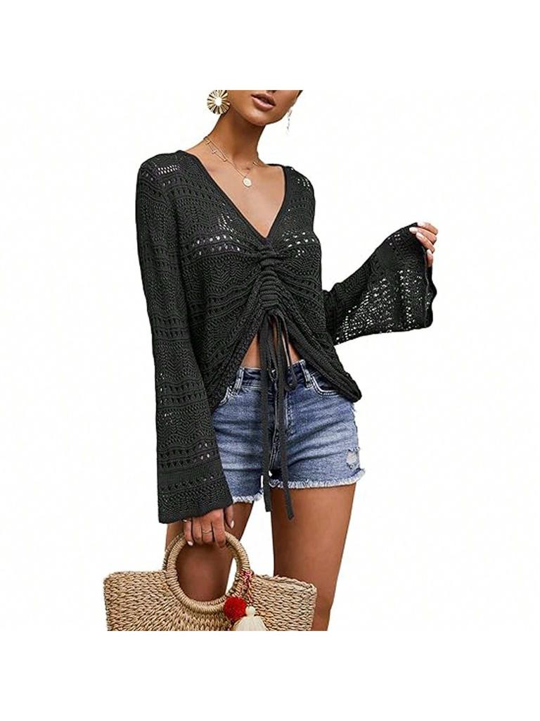 Women's Boho Off Shoulder Crochet Knit Crop Top V Neck Bell Sleeve Ruched Sweater