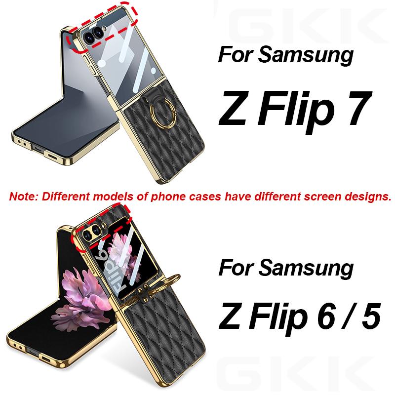 Luxury Diamond Leather Ring Holder Case for Samsung Galaxy Z Flip 7 6 5 Screen Glass Plating Edge Cover for Galaxy Z Flip7 Case