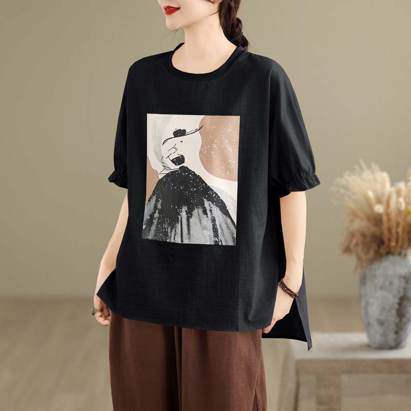 

Dimanaf 2025 Лето Большие размеры Печать на футболках Женские футболки с коротким рукавом и круглым вырезом Короткие свободные топы L чёрный