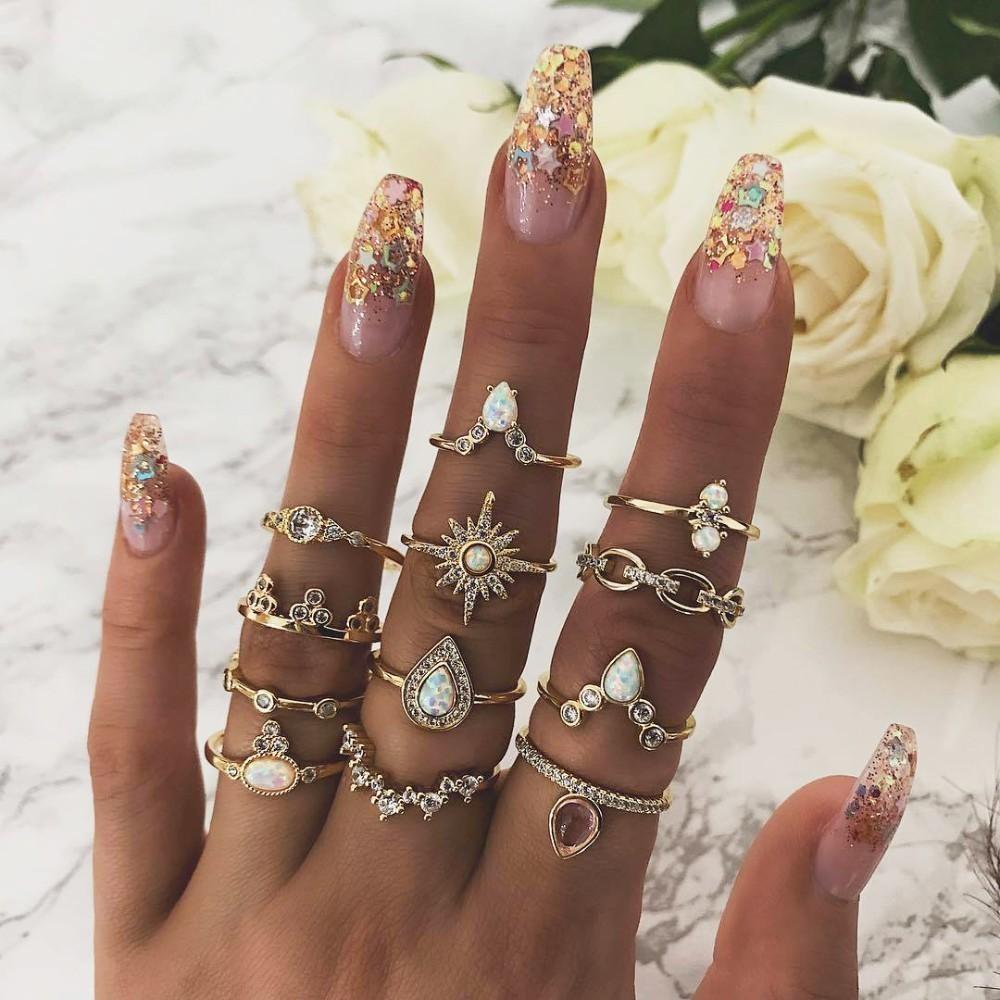 Women Boho Vintage Silver Color Big Stone Ring Set for Women Fashion Bohemian Jewelry 2019 New Hot