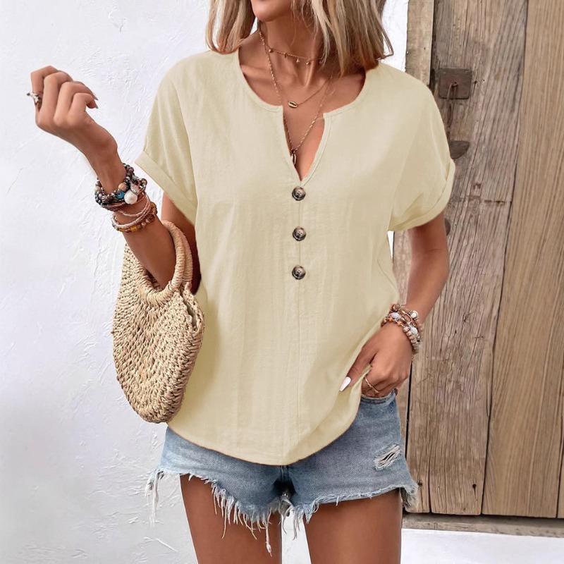 Sommer Damen Button-Up V-Ausschnitt Kurzarm T-Shirt Top für Damen Hemd