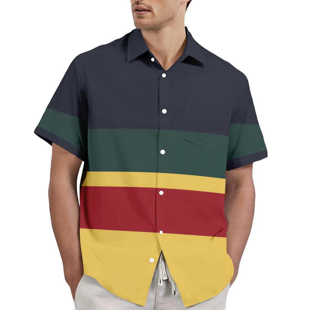 Men's casual stylish striped texture printed shirt - Men's lapel short-sleeved button-up shirt