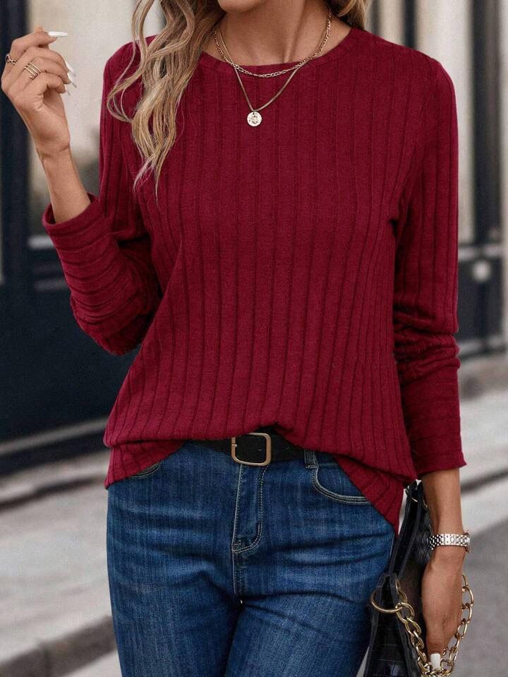Solid Color Comfortable Crew Neck Pit Strip T-Shirt Spring and Autumn Casual Long Sleeve Top Women's Clothing