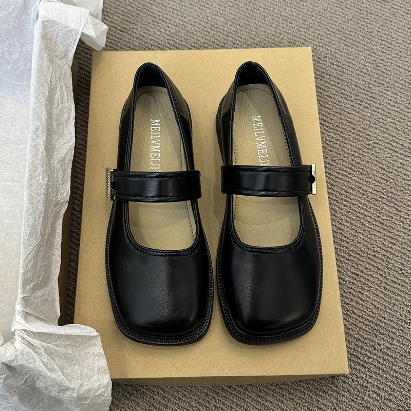 

French sandals women s summer flat Mary Jane single shoes 2025 new versatile gentle wind evening shoes black leather shoes 40 чёрный