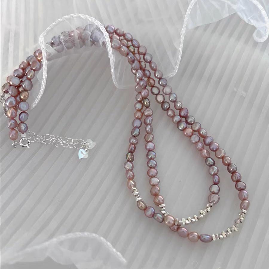 

Фіолетове прісноводне перлове та стерлінгове срібло Багатошарове намисто - Жіночий розкішний подарунок на ключицю S925 Silver