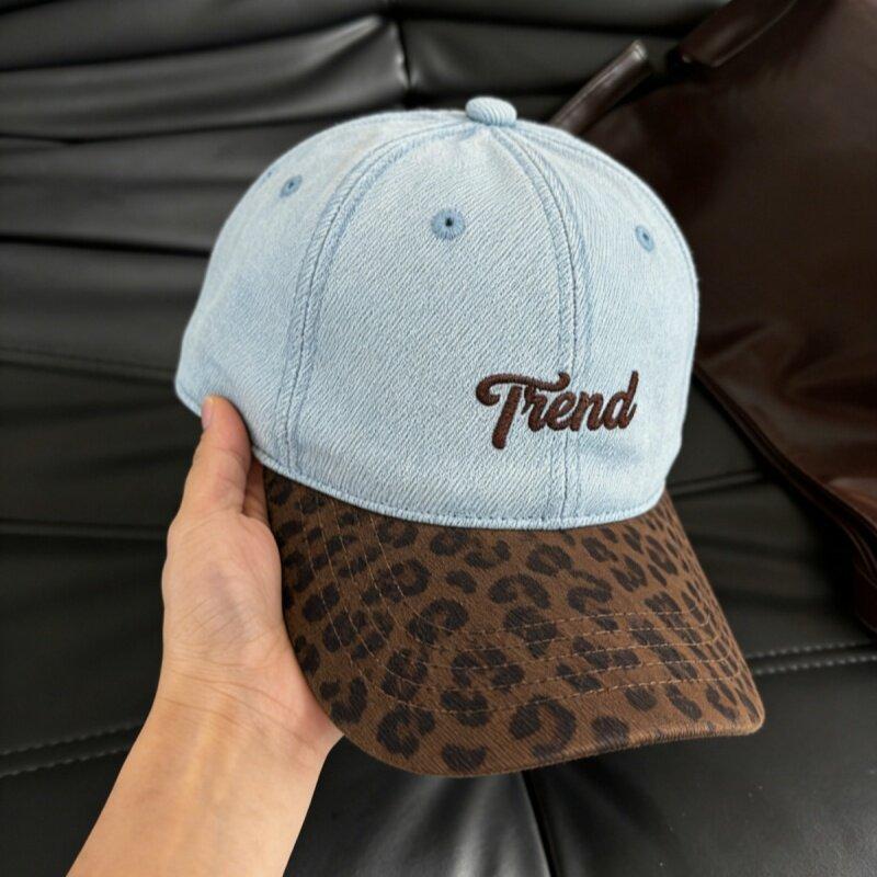 Women Denim Baseball Cap Leopard Print Brim Letter "Trend" Casual Adjustable Dad Hat Y2K Vintage Sunscreen Baseball