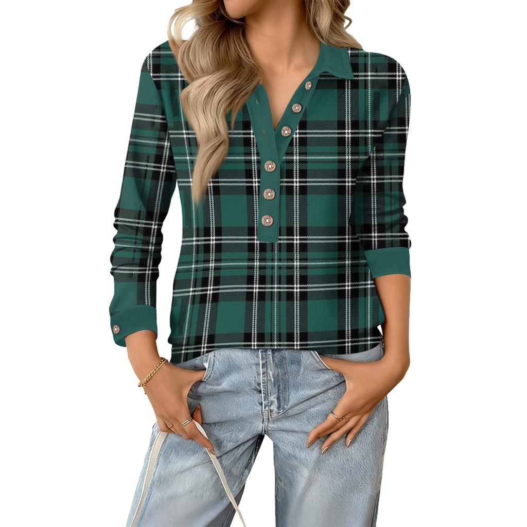Women's Retro Street Lazy V,neck Long Sleeve Button Plaid Print Pullover Top