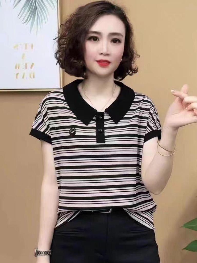 Sommer Besticktes Gestreiftes Peter Pan Kragen T-Shirt für Frauen mittleren Alters und ältere Frauen - Kurzarm