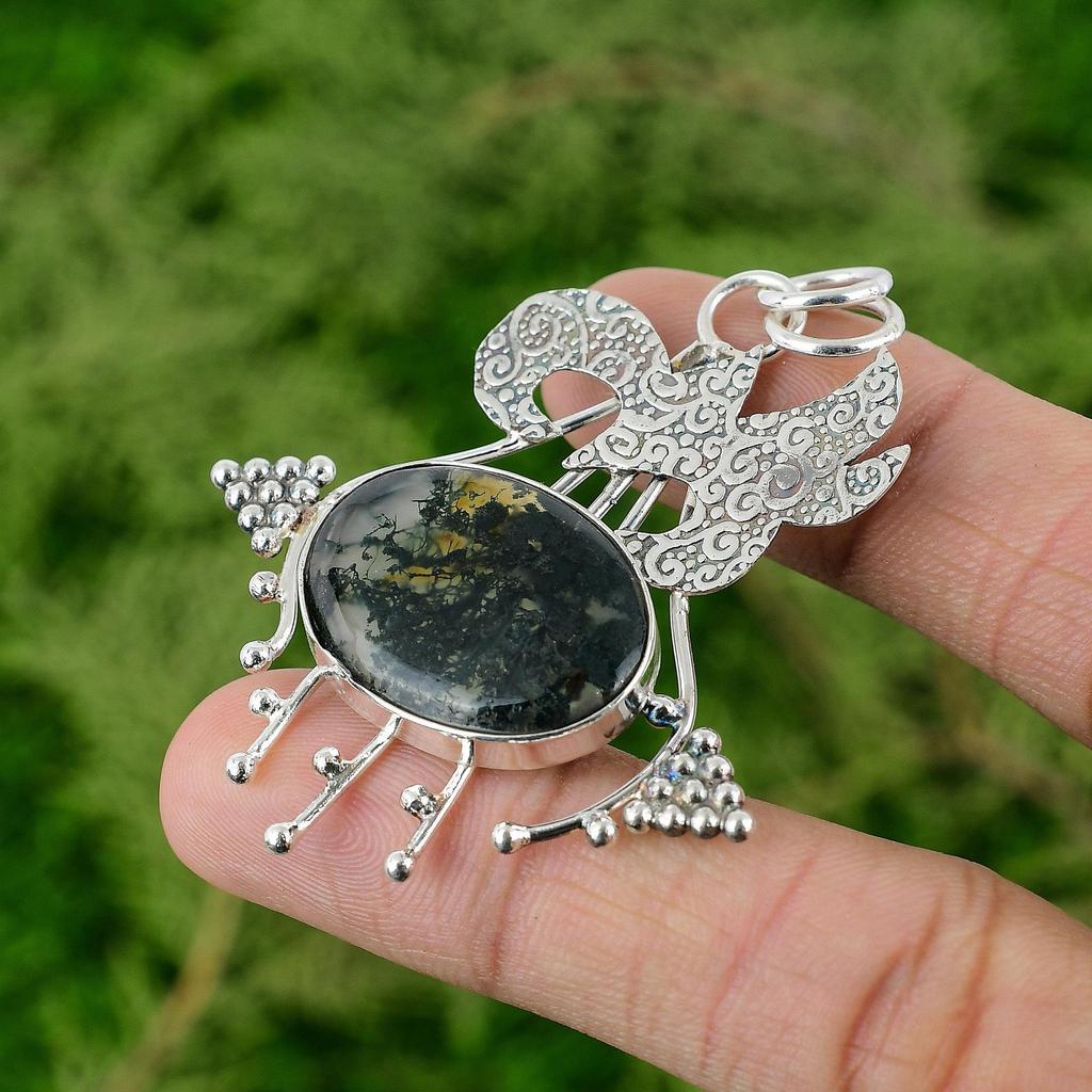 Daughters Day Deal Sterling Silver Oval Solar Moss Agate Stone Wedding Pendant