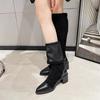 Paneled Suede Tall Boots Autumn New Pointed Toe Non-Slip Wear-Resistant Block Heel Knee-High Cotton Boots