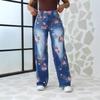 Jeans Donna Vita Alta Gamba Dritta Stampa Floreale Denim Vintage Pantaloni Casual Quotidiani Lunghi