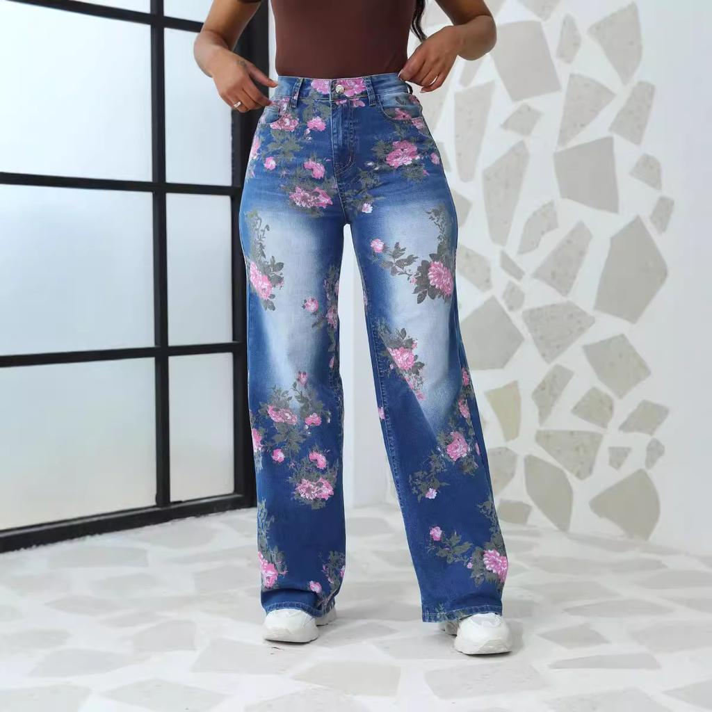 Jeans Donna Vita Alta Gamba Dritta Stampa Floreale Denim Vintage Pantaloni Casual Quotidiani Lunghi