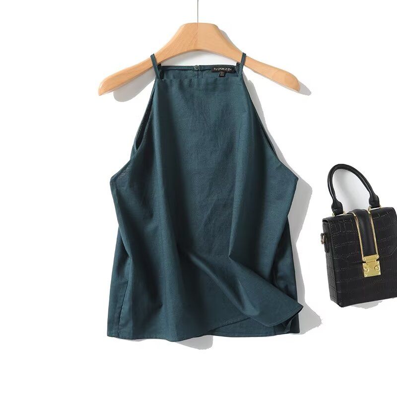 MD Women clothes French style Minimalist Static Luxury Style Retro Dark Green off-Shoulder Sling Sleeveless Shirts 05156884567