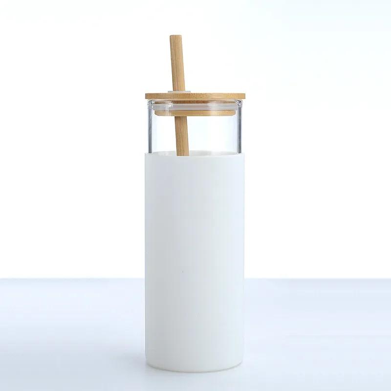 

1 шт. стеклянный стакан с бамбуковой крышкой и силиконовым покрытием, термостойкая чашка для чая, сока, молока, воды, посуда для напитков 500ml белый