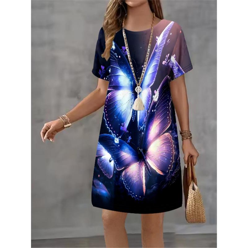 Women Dress Butterfly Pattern Printing Design Sense Pattern Summer Elegant Women A-Line Dress Casual Short Sleeve Mini Dress