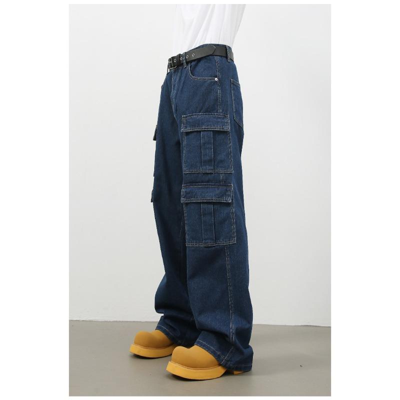 Pantaloni Lunghi Vintage Multi-tasche Jeans Lavati da Uomo High Street Larghi Dritti Pantaloni da Lavoro Jeans Dritti Larghi per Uomo alla Moda e Comodi