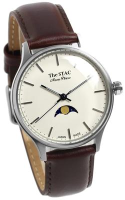 The STAC Antique Retro Moon Bar Pattern with White Japanese-made Wristwatch, 36mm, Design, Unisex, Phase, Brown, ST-MF001