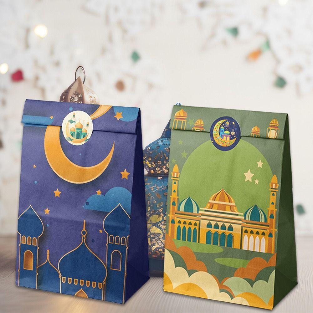 12PCS Eid Al-Fitr Ramadan Flat Open Bag Kraft Paper Multicolor Candy Bag Mixed Pattern with Stickers Packing Bag Eid Mubarak