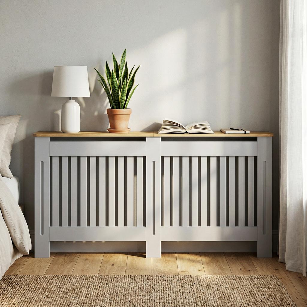 Slatted Radiator Cover Painted Cabinet With Line Grill Design 172L * 19W * 81H Cm Grey