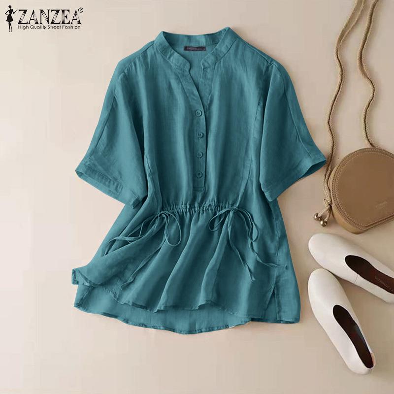 

ZANZEA Женская повседневная с половиной рукава с V-образным вырезом и шнурком на талии Сплошная свободная блузка