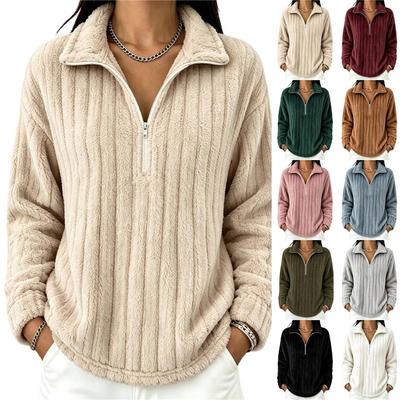 Women Half Zip Fleece Sweatshirt Ribbed Plush Stand Collar Long Sleeve Warm Pullover Casual Autumn Winter Top