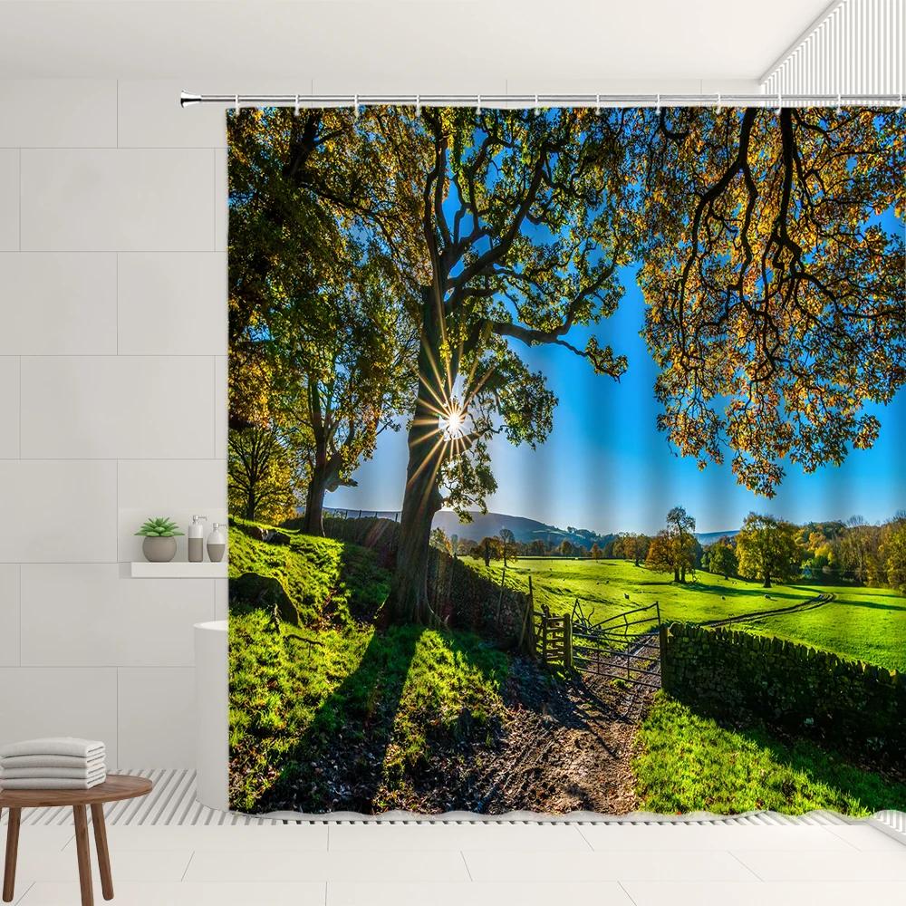 Farm Scenery Shower Curtain Set Retro Vintage Wooden Farmhouse Straw Stack Cute Sheep Bathroom Screen Garden Decor Wall Covering