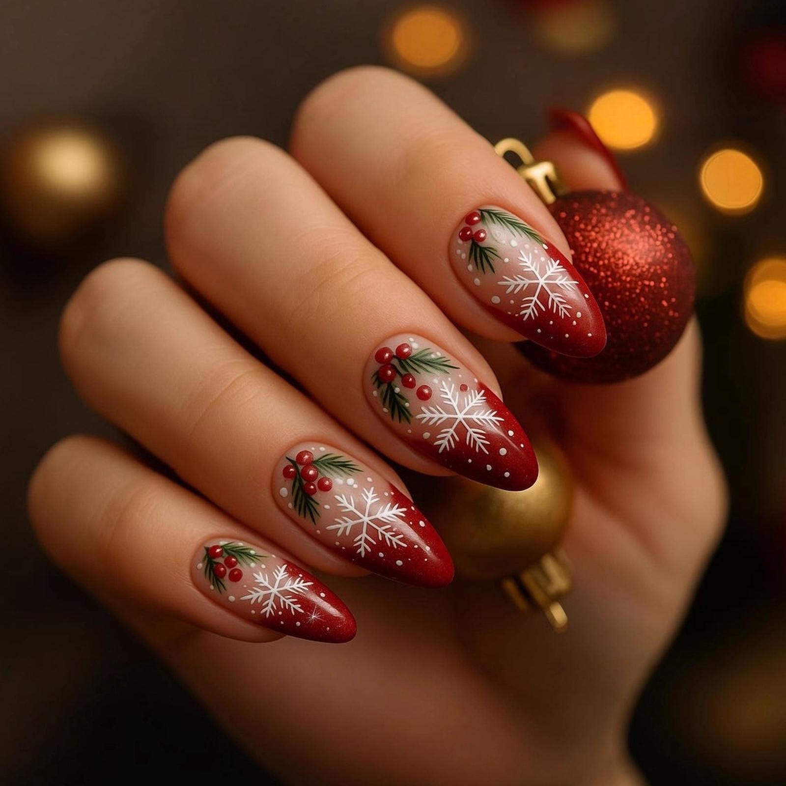 Almond Styles Press On Nail Set Of 24 Snowflake Red ABS Durability Artificial Nail For Weddings Event And Daily Wear 1