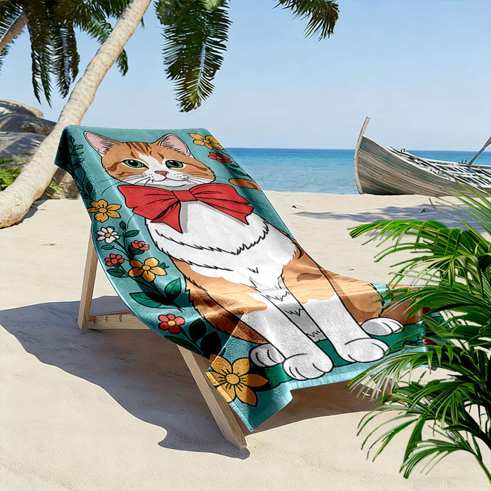 Cat with Red Bow & Flowers A must-have beach towel for beach travel