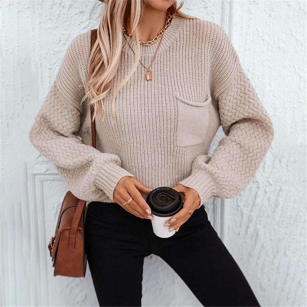 Solid Color Pocket Pullover Women's Sweater Autumn And Winter New Casual Round Neck Long Sleeve Knitted Sweater