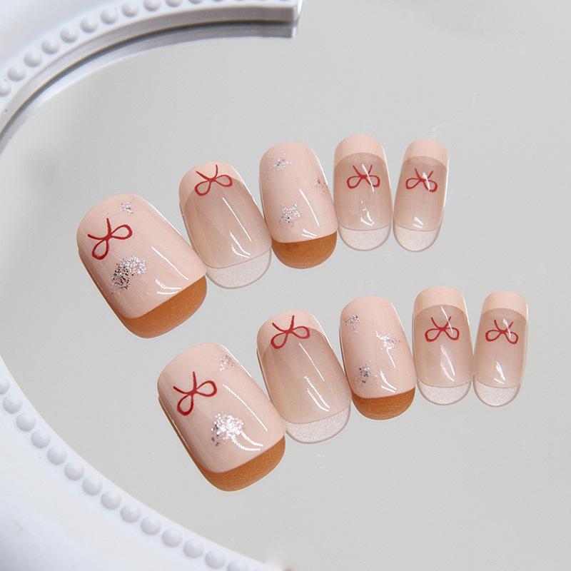 24 Pcs Bow Wearing Nail Removable Love Nail Piece Star Nail Patch Small Short T Skin Powder French Nail Piece