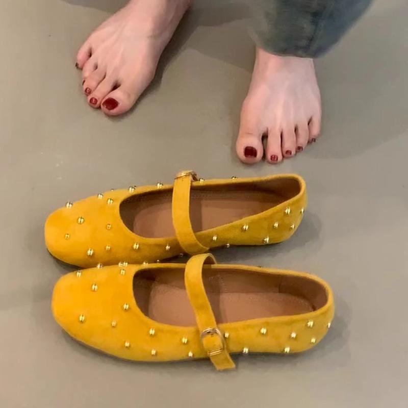 Fashion Flat Versatile Breathable Single Shoes Women's New Square Toe Shallow Rivet One Strap Athleisure Mary Jane Shoes