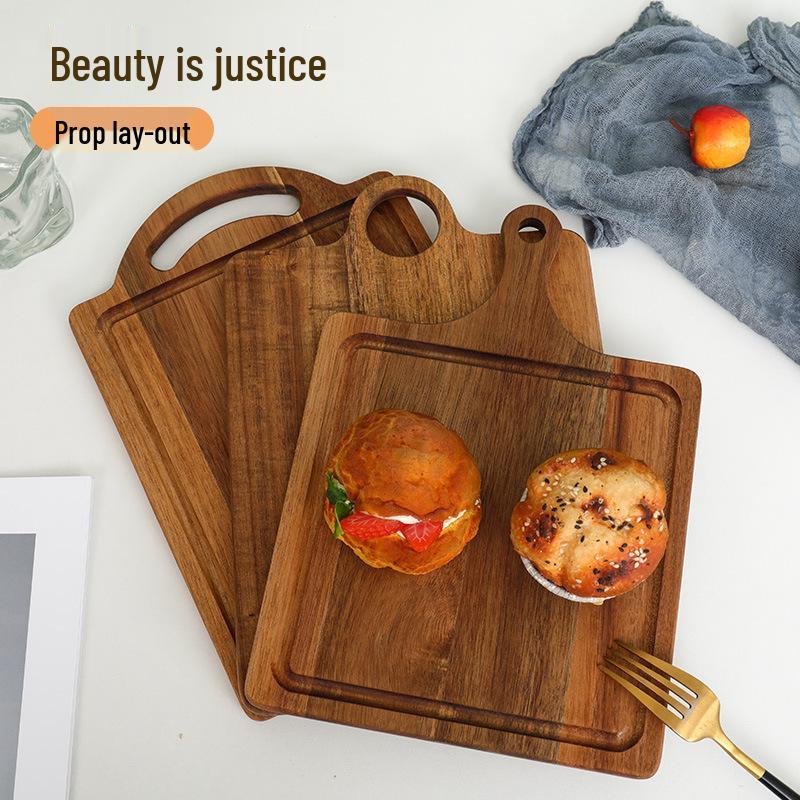 Acacia Wood Cutting Board with Handle - Hangable Chopping Board for Fruits & Steaks, Perfect for Kitchen or Photography Props.